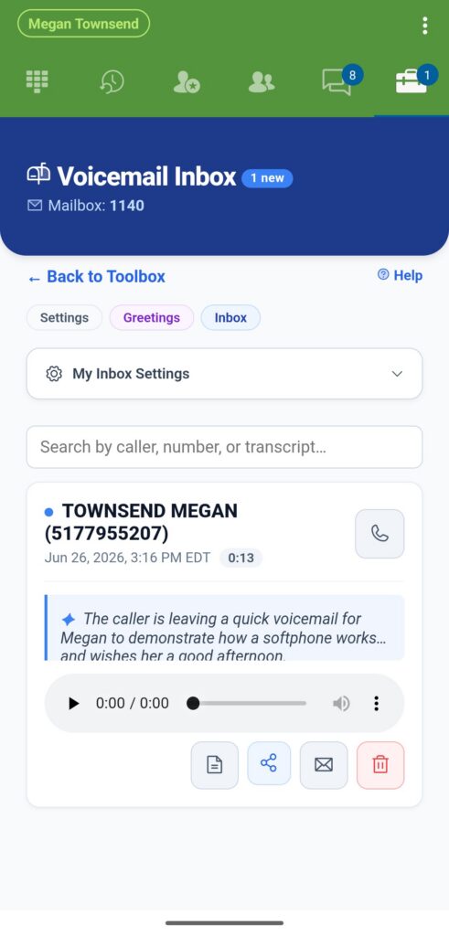 UpLync Softphone Visual Voicemail screenshot